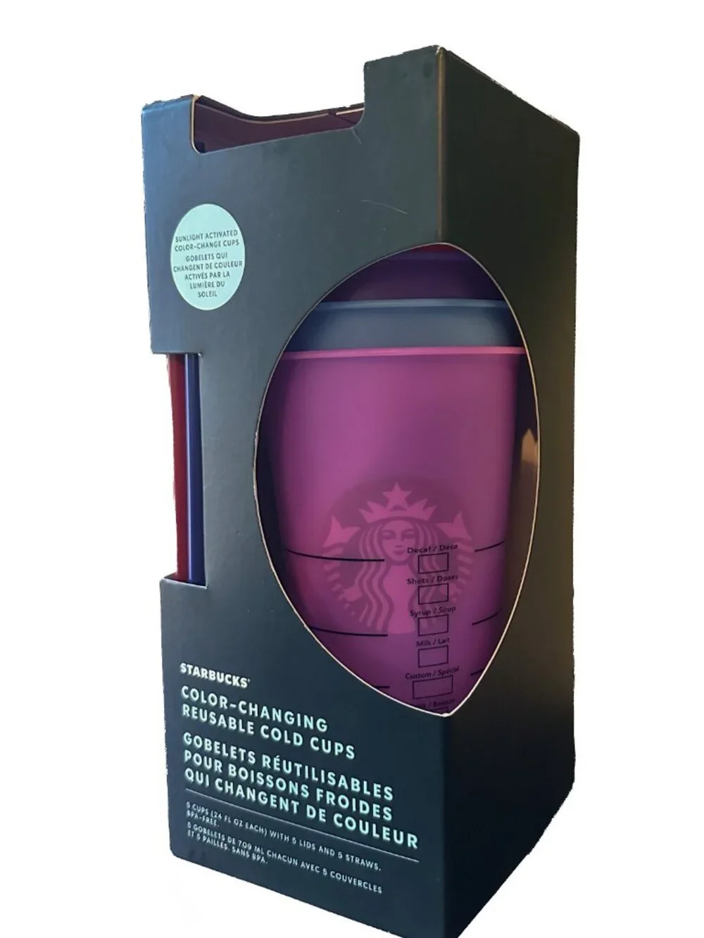5 Starbucks Color Changing Cold Cups w/ lids and straws